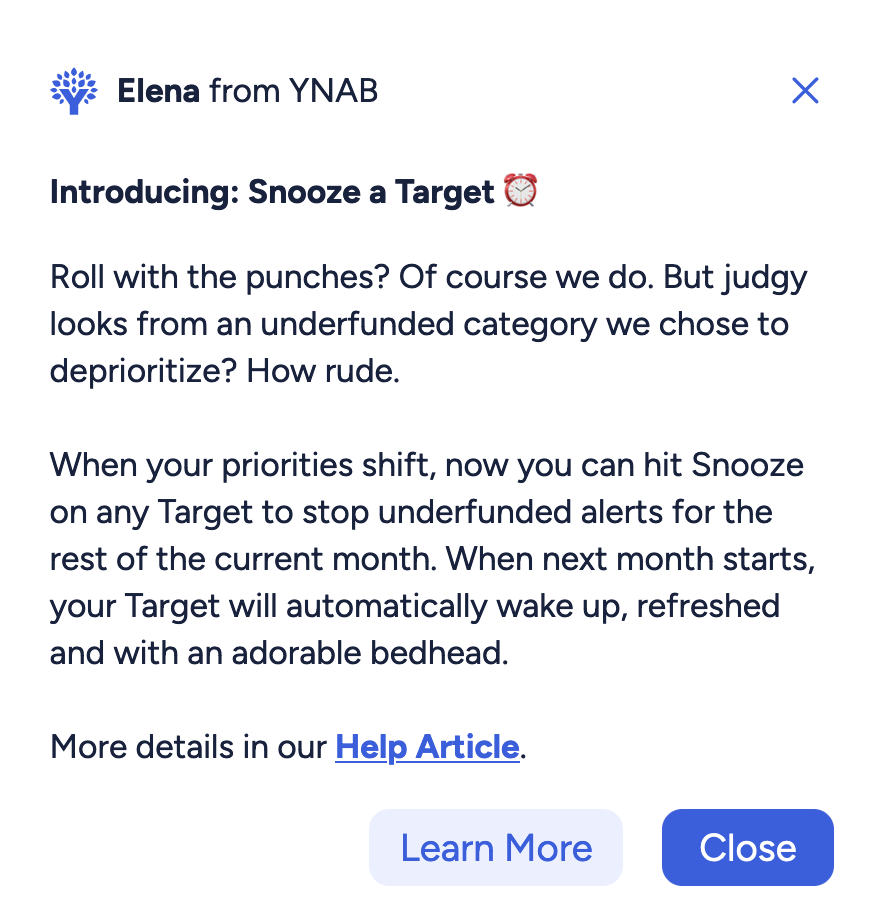 Snooze a Target introductory notification in YNAB