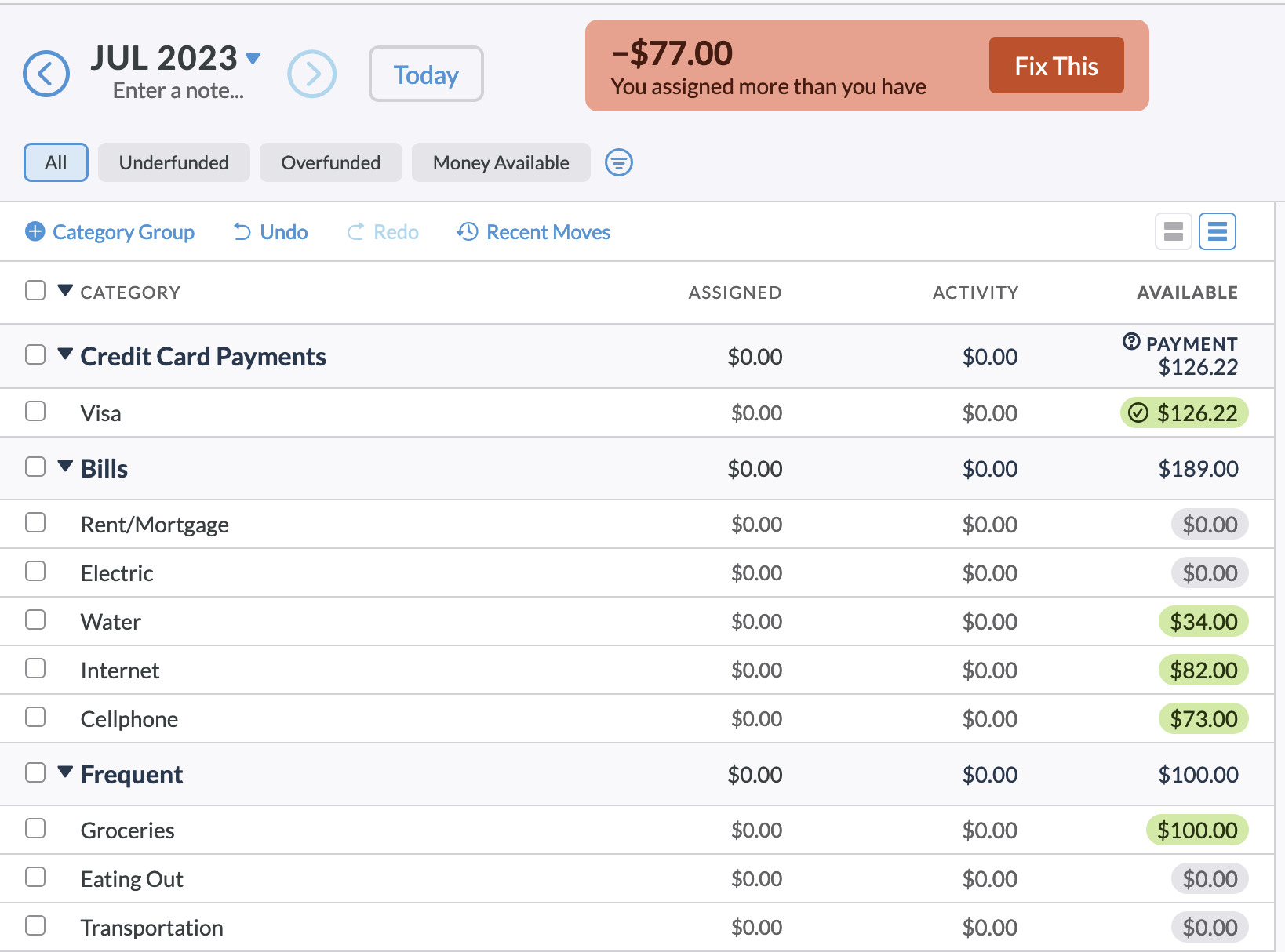 Photo of July 2023 YNAB budget with red negative amount in Ready to Assign